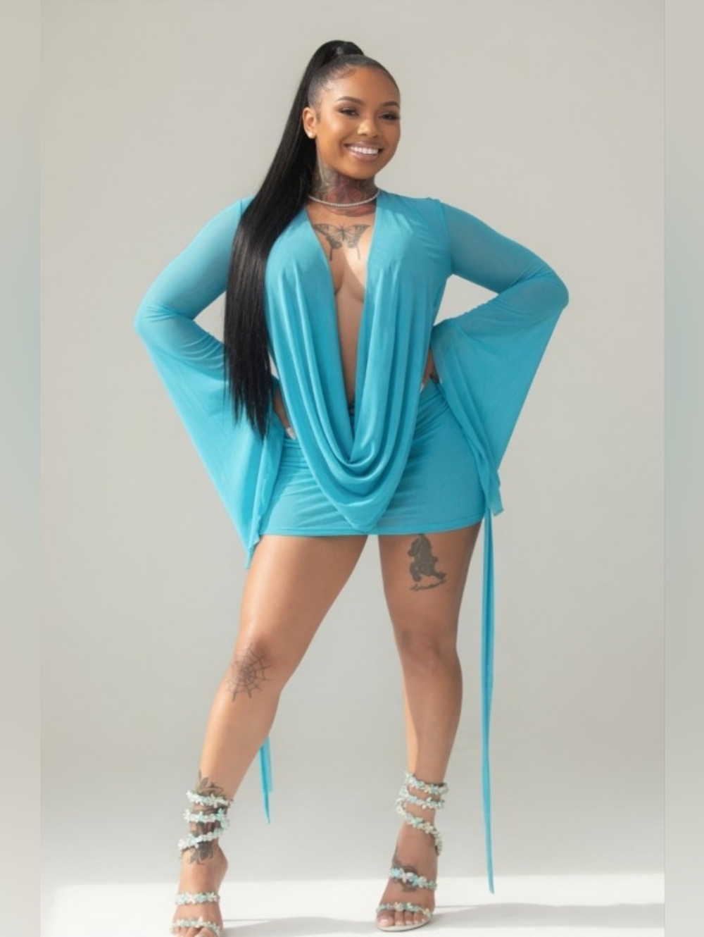 Camelle Stunning Deep Plunge Neck Mesh Mini Dress With Bell Sleeve-Turquois